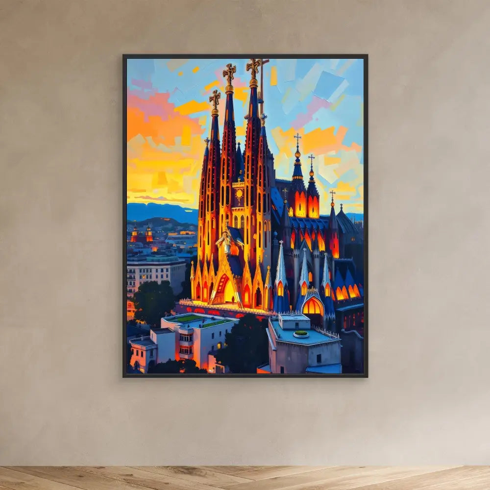 Sagrada Familia cathedral illuminated against a colorful sunset sky in Barcelona.