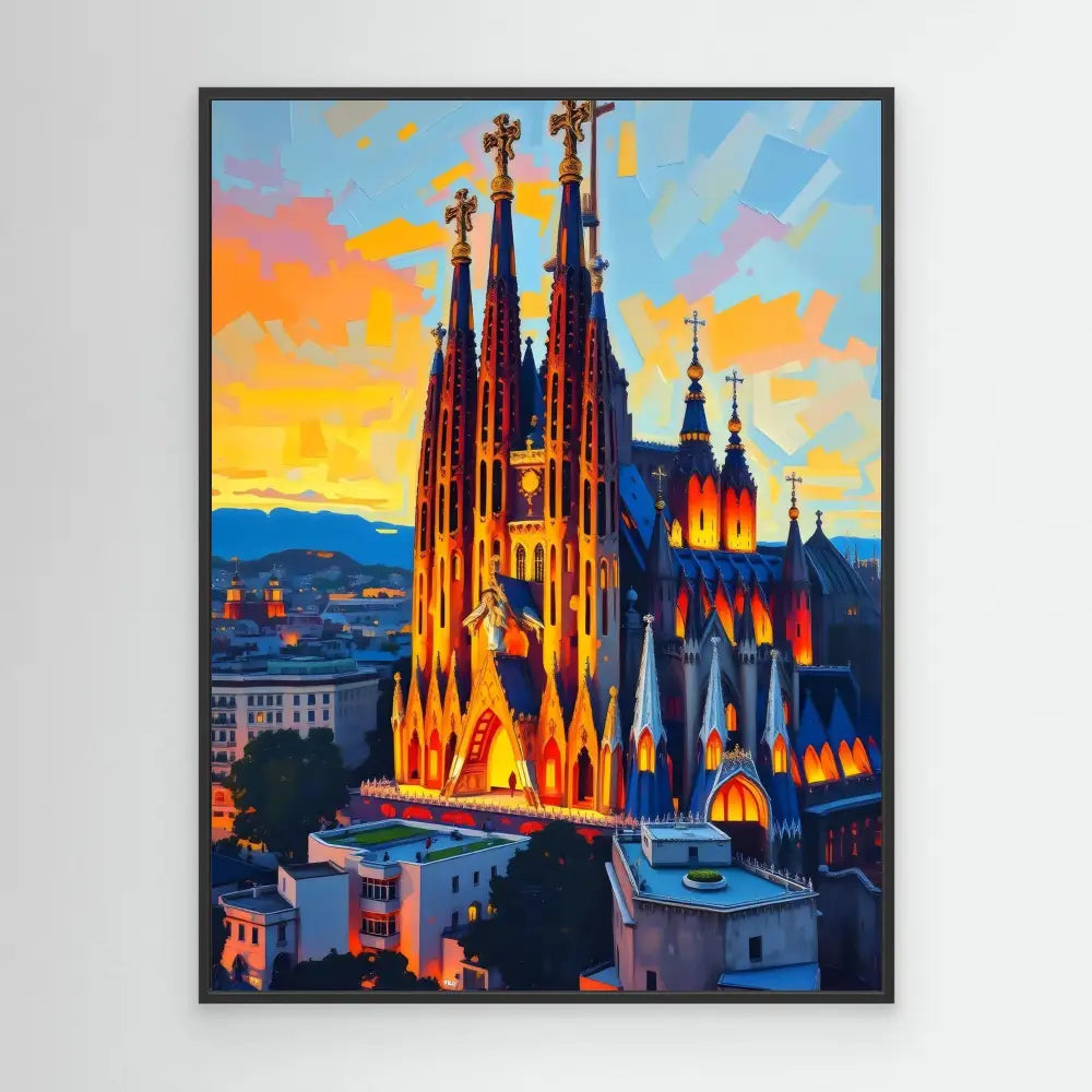 Sagrada Familia cathedral illuminated against a vibrant sunset sky.