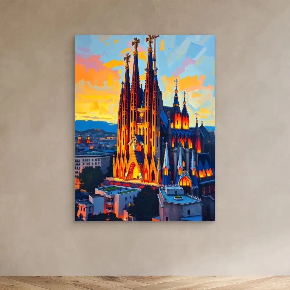 Sagrada Familia cathedral illuminated against a vibrant sunset sky.