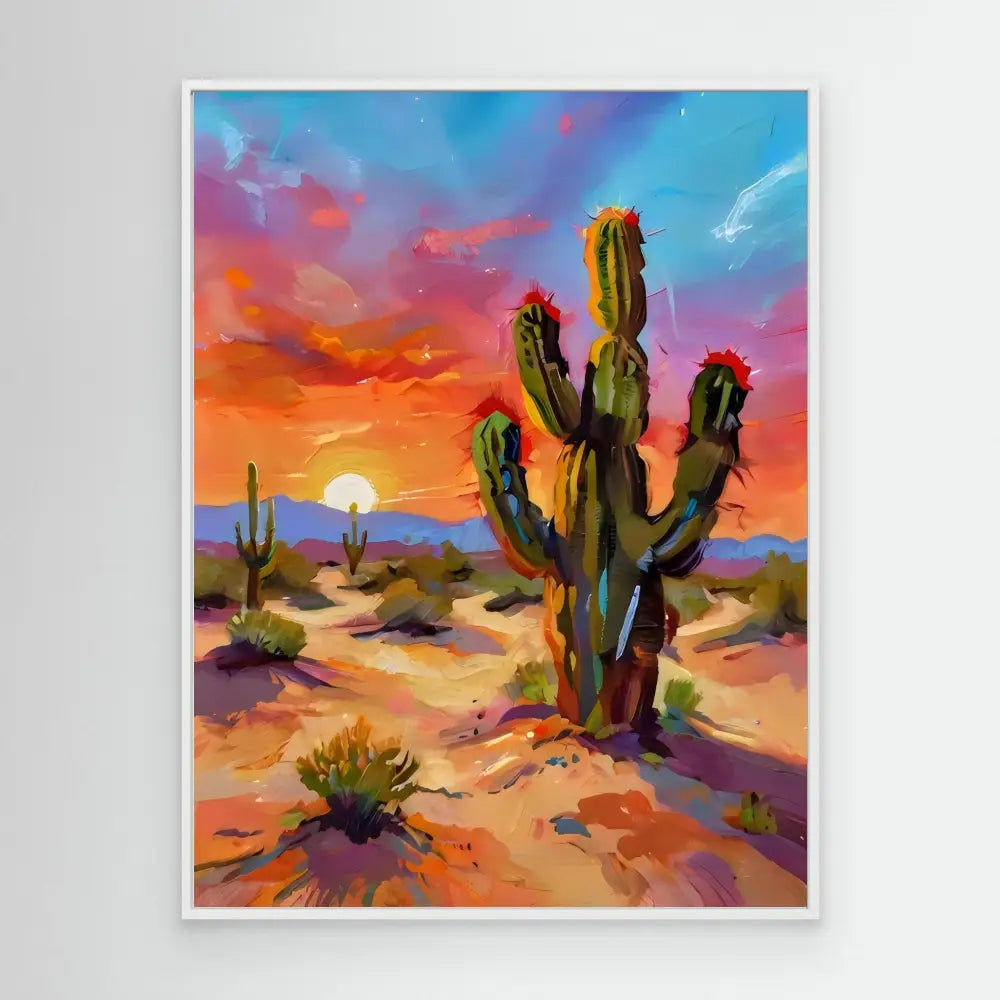 Saguaro cactus with multiple arms painted in vibrant green against colorful desert hues.