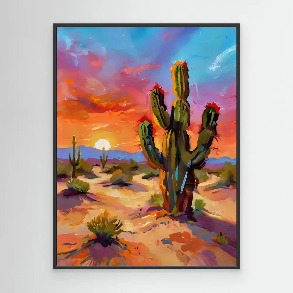 Saguaro cactus with multiple arms stands in vibrant desert colors.