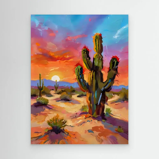 A saguaro cactus with multiple arms stands in vibrant colors.