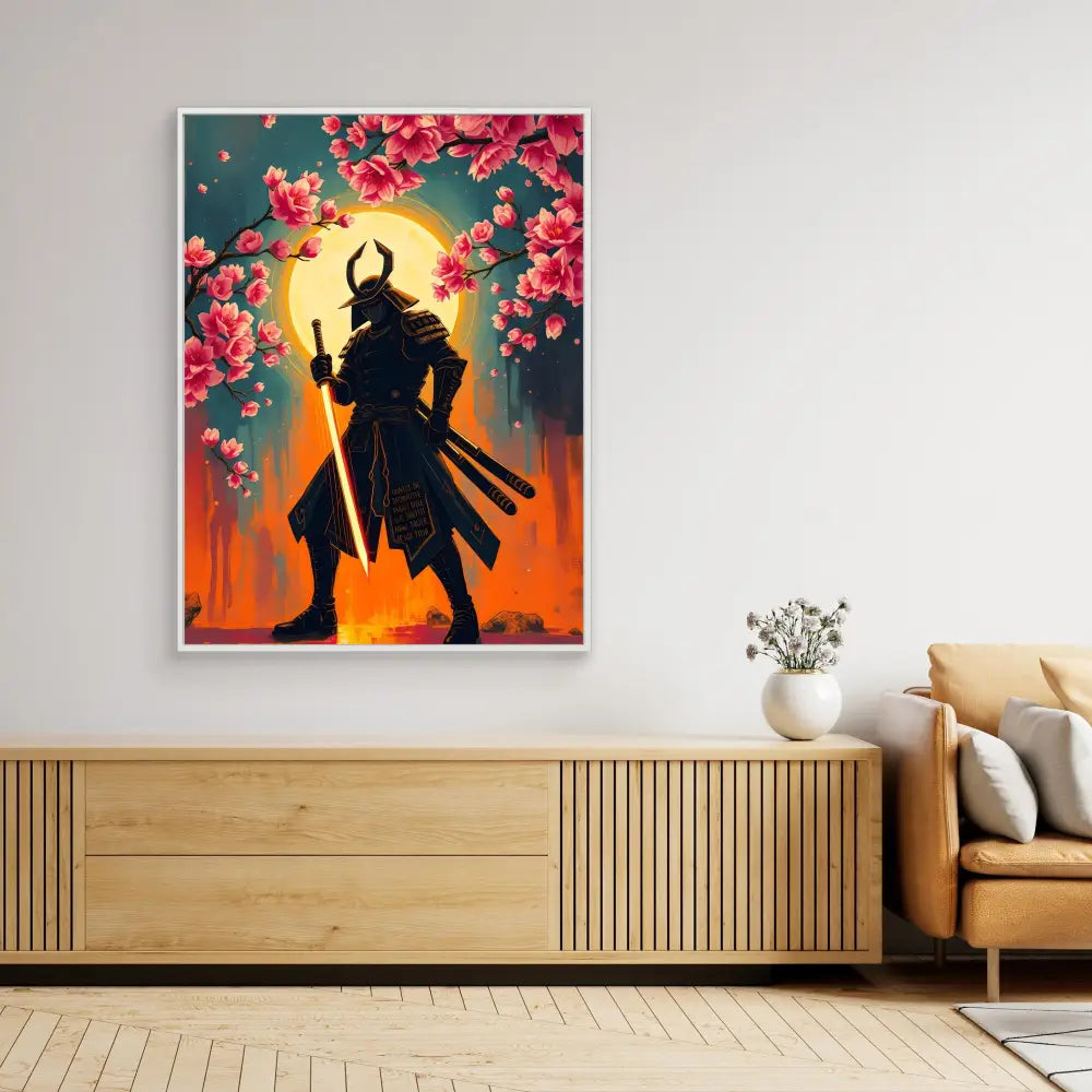 A samurai warrior silhouette framed by cherry blossoms against a sunset backdrop.