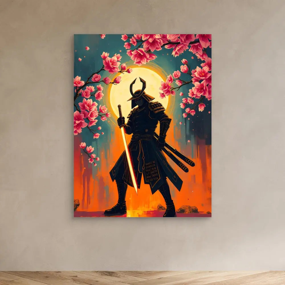 A samurai warrior silhouette with horned helmet stands holding a sword beneath cherry blossoms.