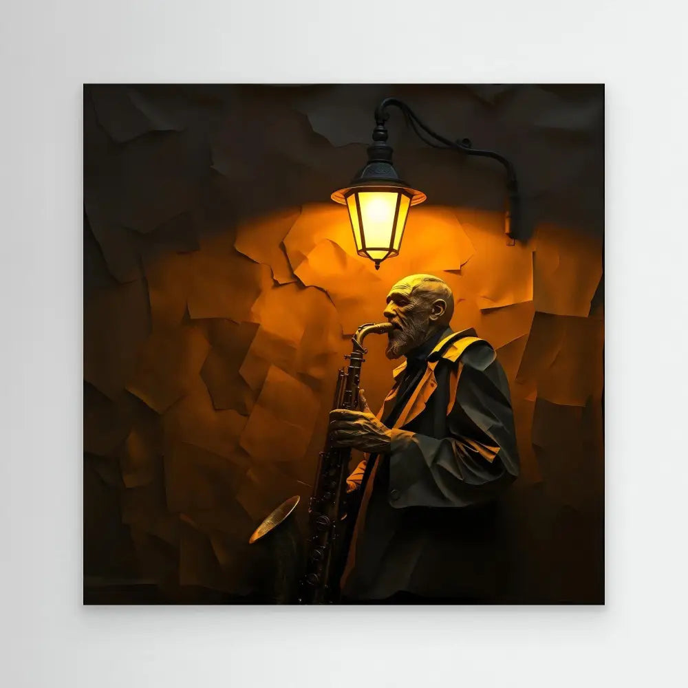 A saxophone player performing under a glowing street lamp.