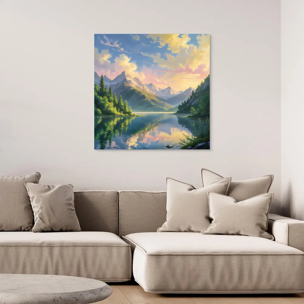 A scenic landscape painting of a mountain lake with reflective waters and sunset clouds.