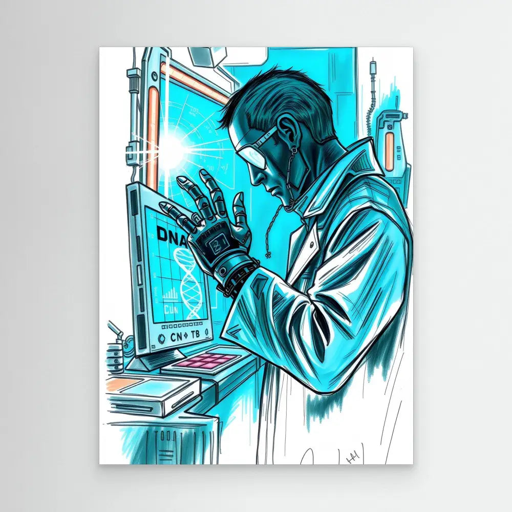 Scientist in a lab coat examining DNA data on a screen while wearing protective gloves.