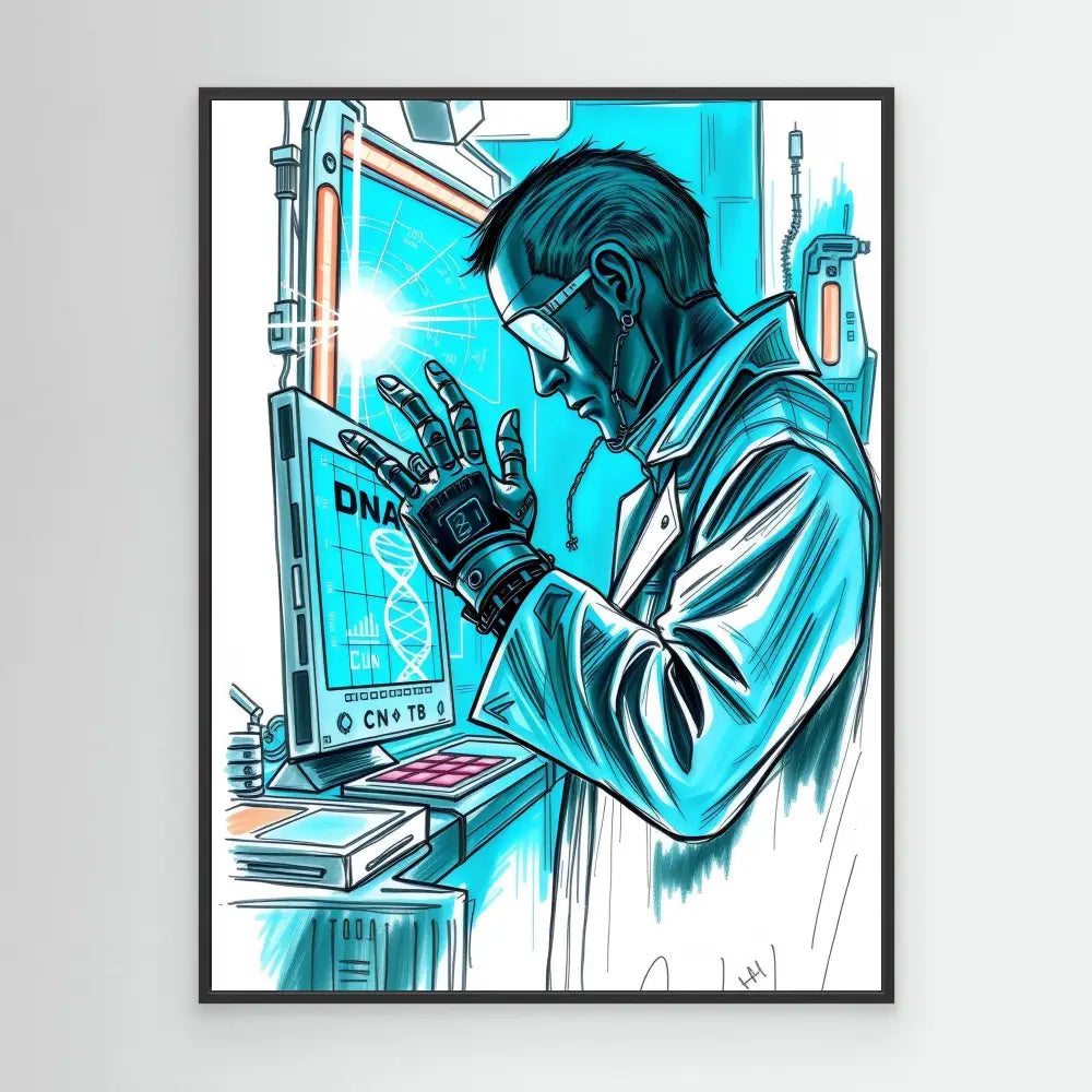 Scientist in a lab coat examining DNA data on a screen while wearing protective gloves.