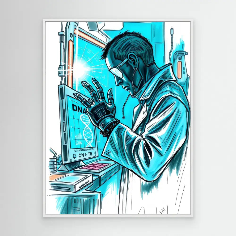 A scientist in a lab coat examines DNA data on a screen while wearing protective gloves.