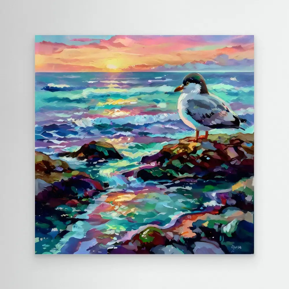 A seagull perched on coastal rocks at sunset.