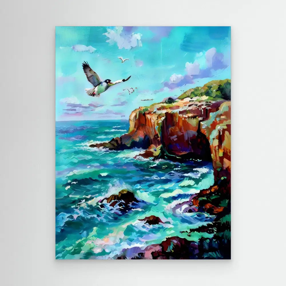 A seagull soaring over rugged coastal cliffs and crashing waves.