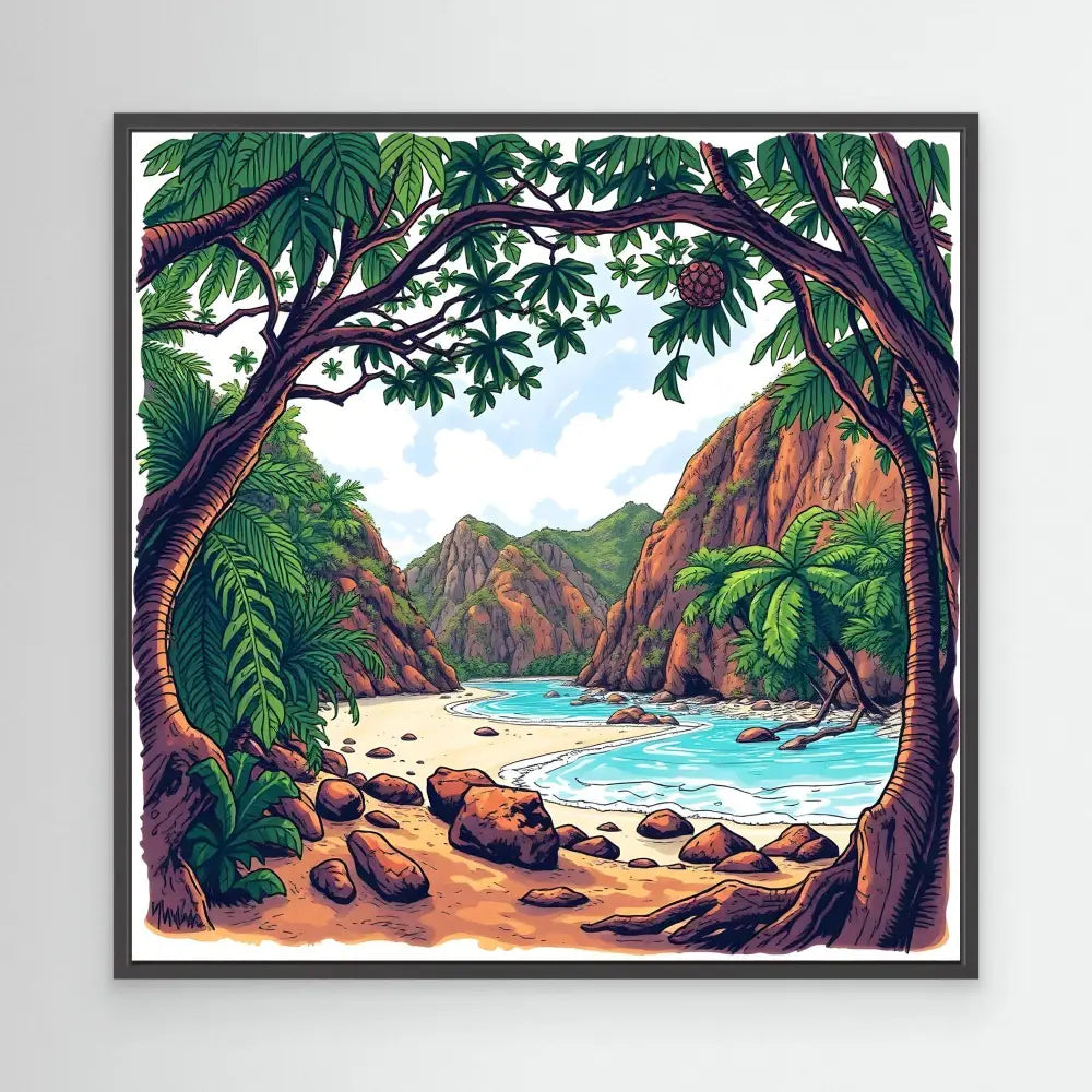 A secluded tropical beach cove framed by palm trees and rocky cliffs.