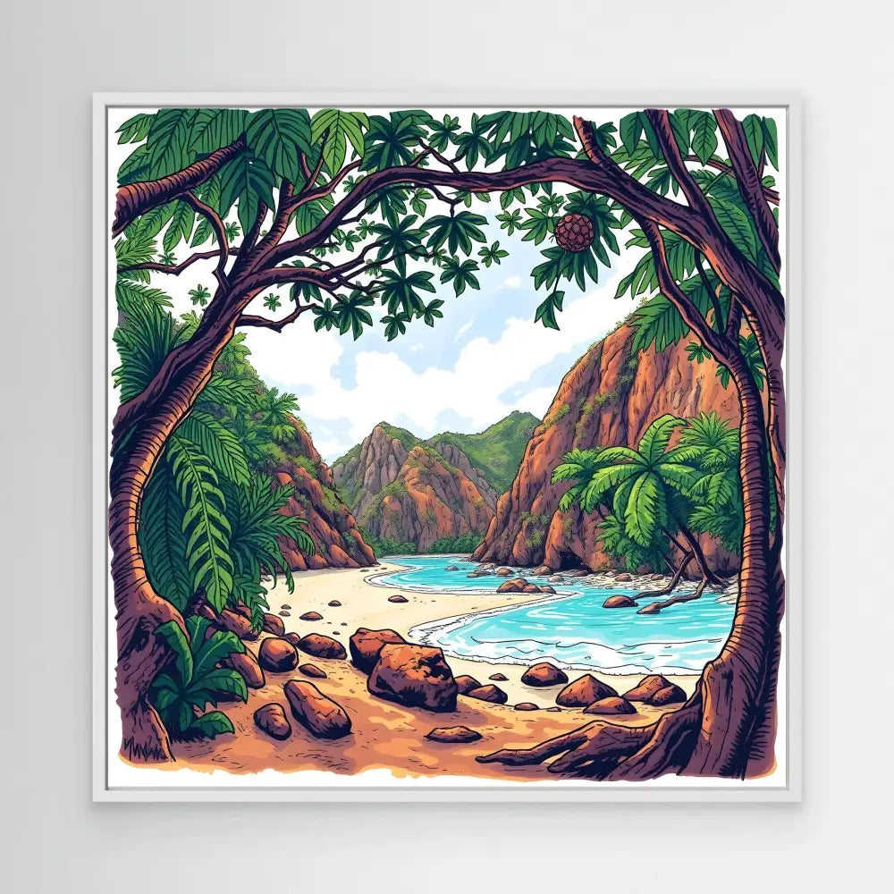 A secluded tropical beach cove framed by palm trees and rocky cliffs.