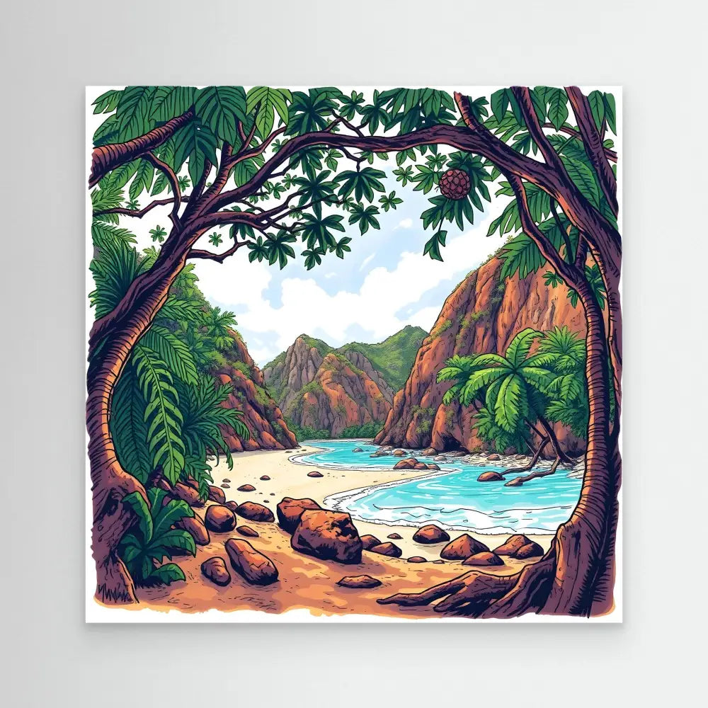 Secluded tropical beach cove framed by curved palm trees and rocky cliffs.