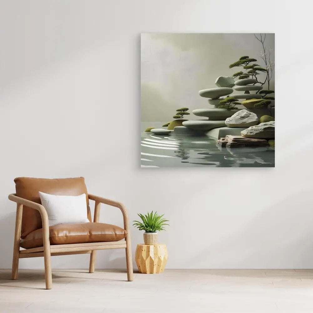 Serene zen-inspired artwork featuring stacked stones and water reflections.