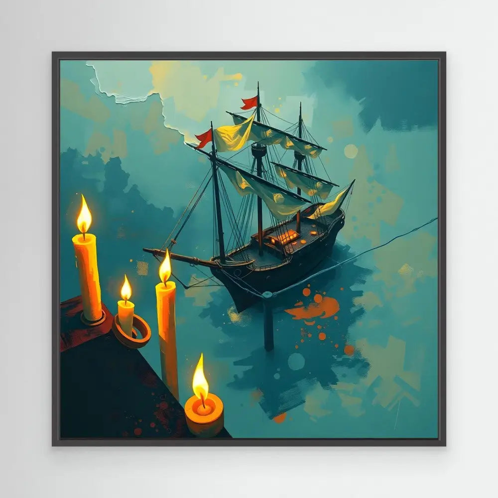 A sailing ship floating among glowing candles.