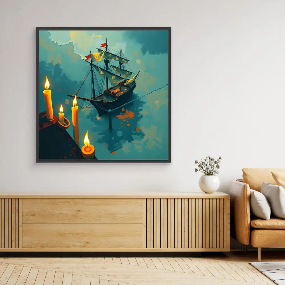 Sailing ship floating among glowing candles in a surreal, dreamlike scene.