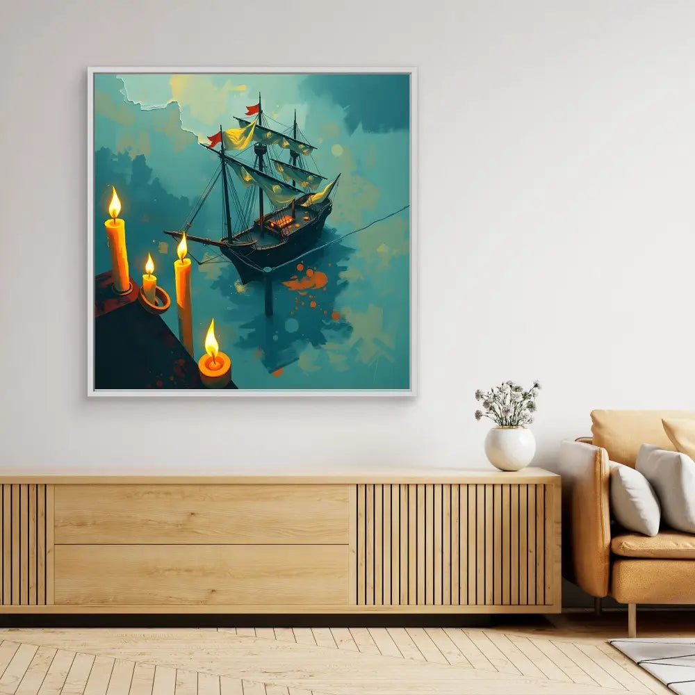 Sailing ship floating among glowing candles in a surreal, dreamlike scene.