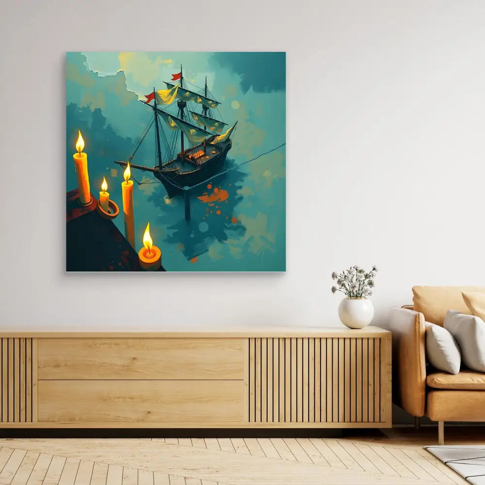 A sailing ship floating among glowing candles in turquoise waters.