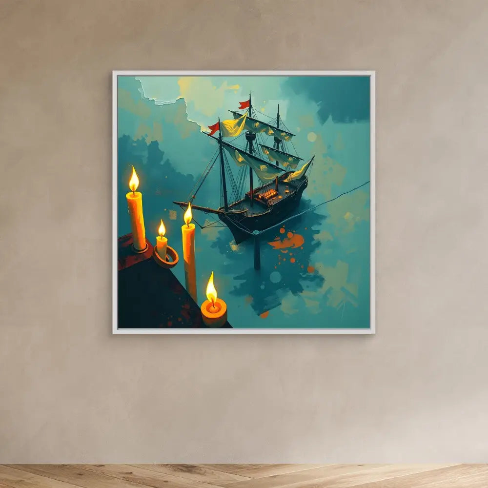 A sailing ship floating among glowing candles in turquoise waters.