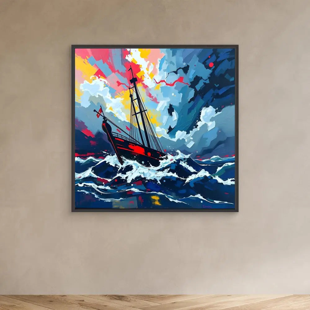 A sailing ship battles through stormy seas under a dramatic colorful sky.