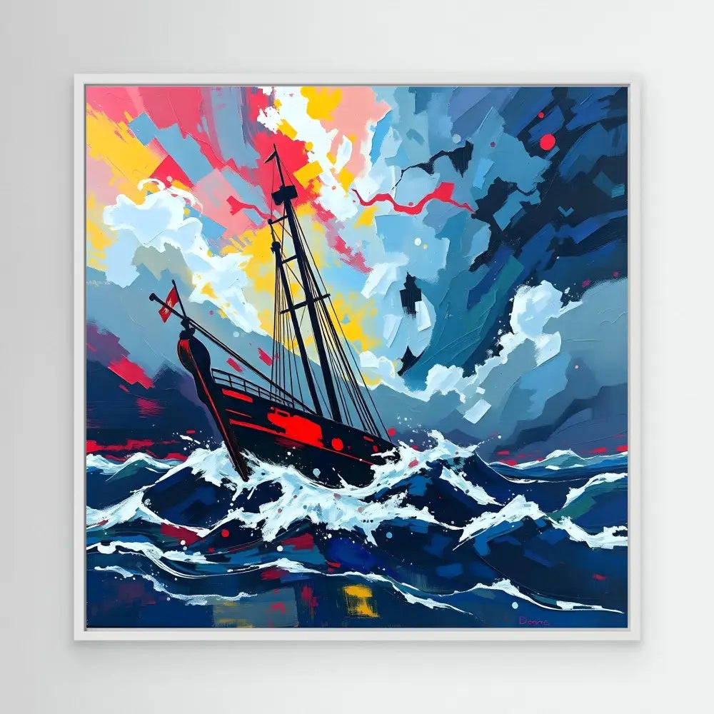 A sailing ship battles through stormy waves beneath a dramatic sky.