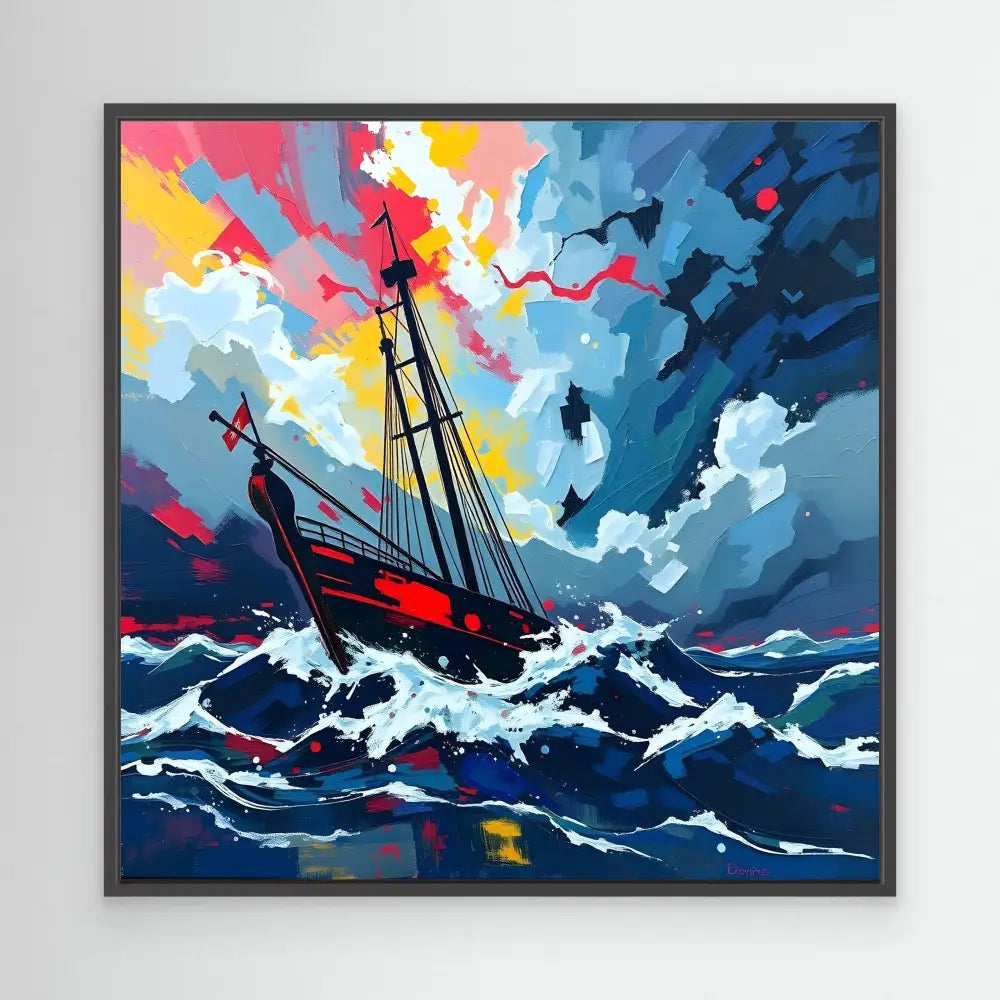 A sailing ship battles stormy waves beneath a dramatic sky.