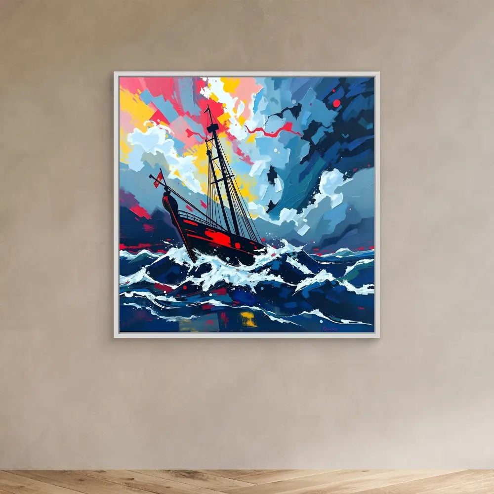 A sailing ship battles through stormy waves under a dramatic colorful sky.