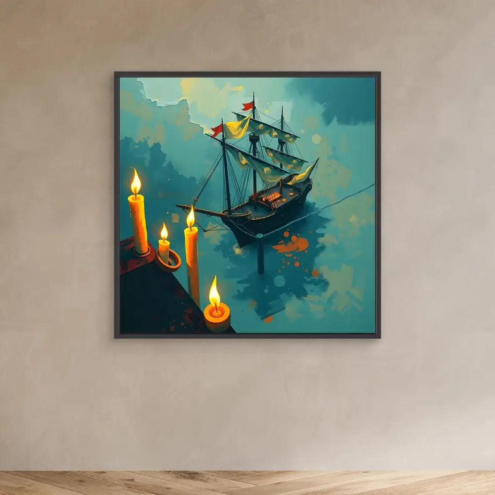 A sailing ship with colorful flags floats near glowing candles.