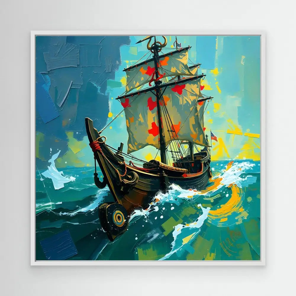 A sailing ship with colorful sails battles rough ocean waves.