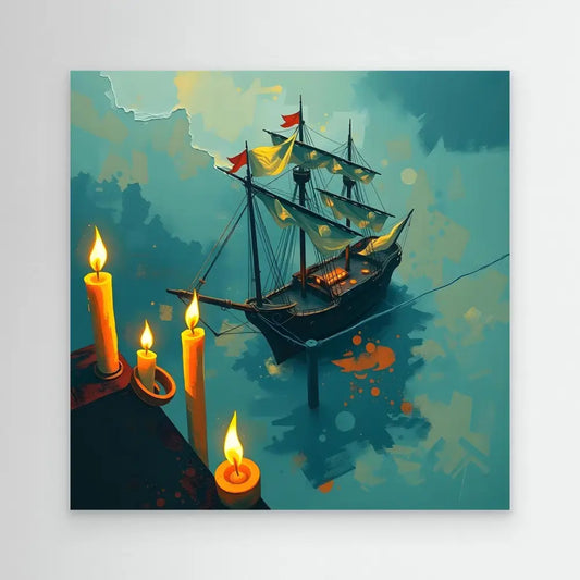 A sailing ship illuminated by glowing candles.