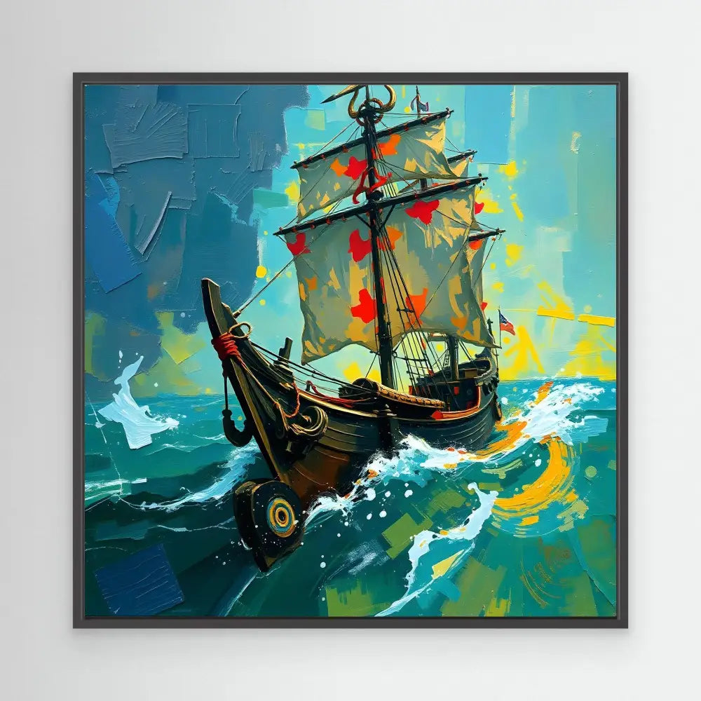 A sailing ship navigating through turbulent waves with colorful sails billowing in the wind.