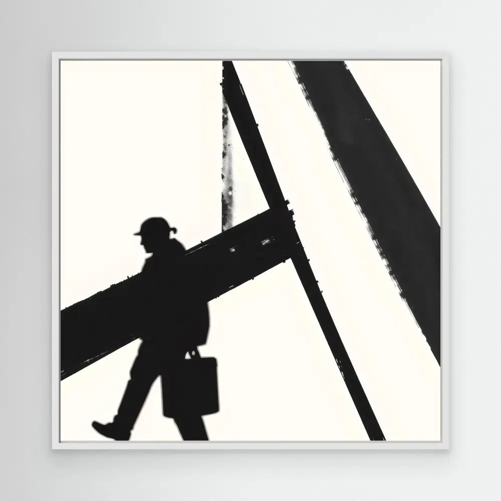 Silhouette of a construction worker walking on a steel beam.