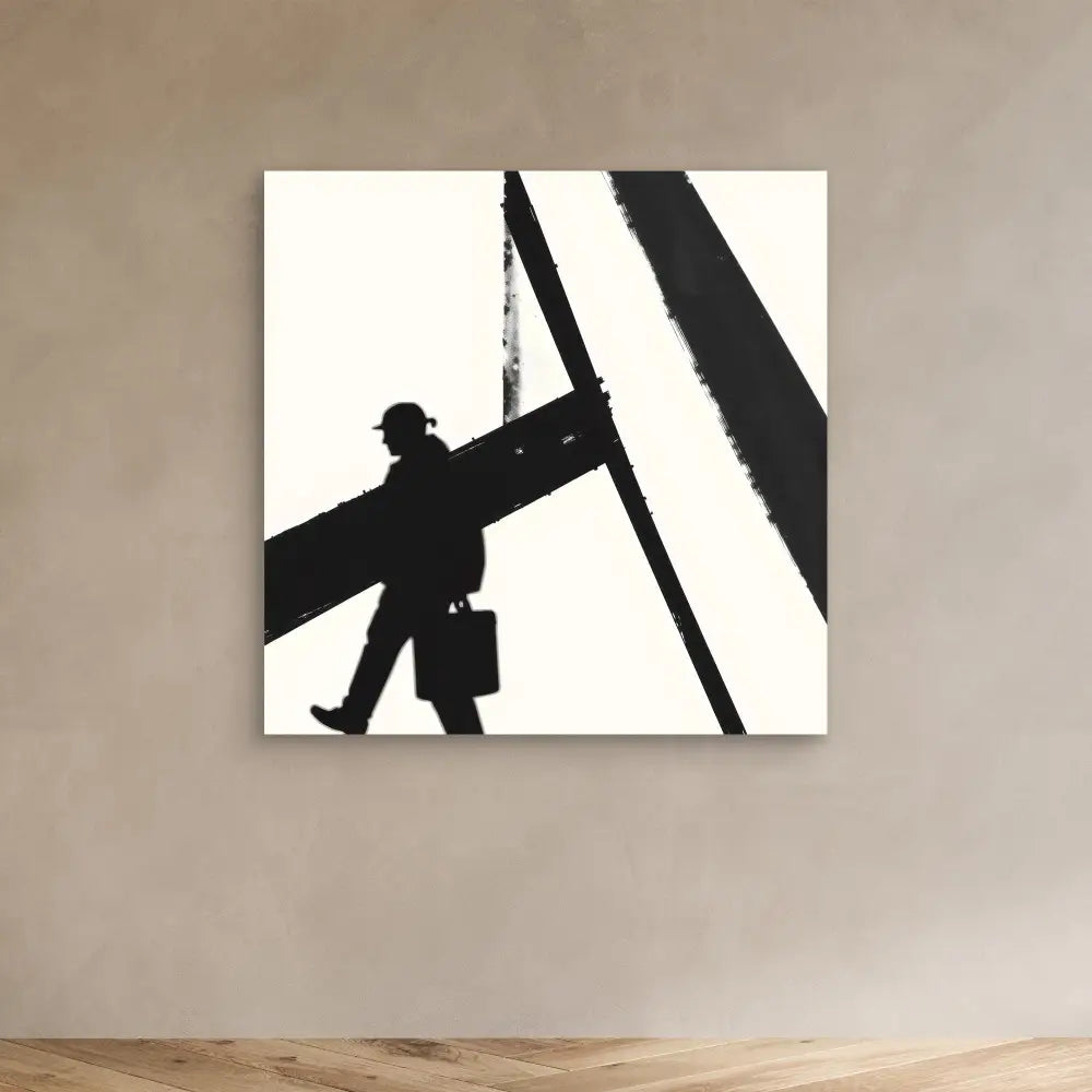 Silhouette of a construction worker walking on a steel beam.