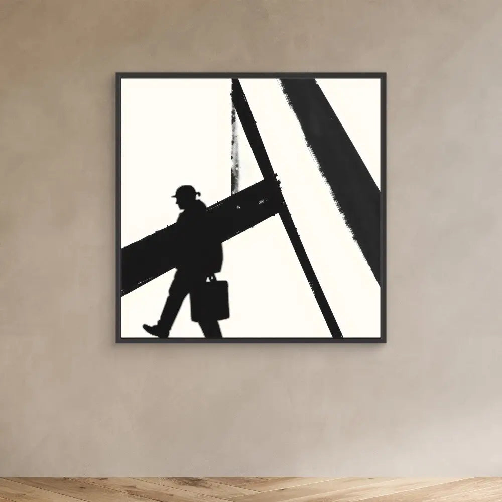 Silhouette of a construction worker walking on a steel beam.