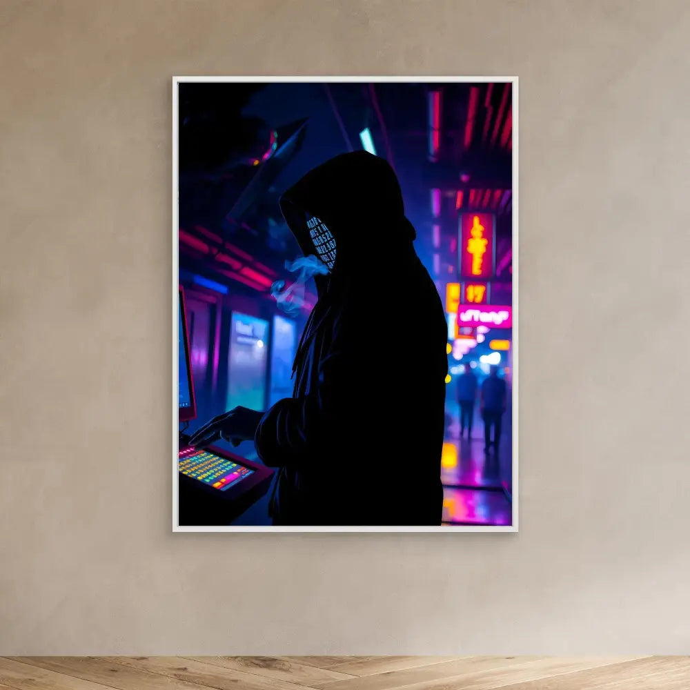 Silhouette of a hooded figure using a keyboard in neon lighting.