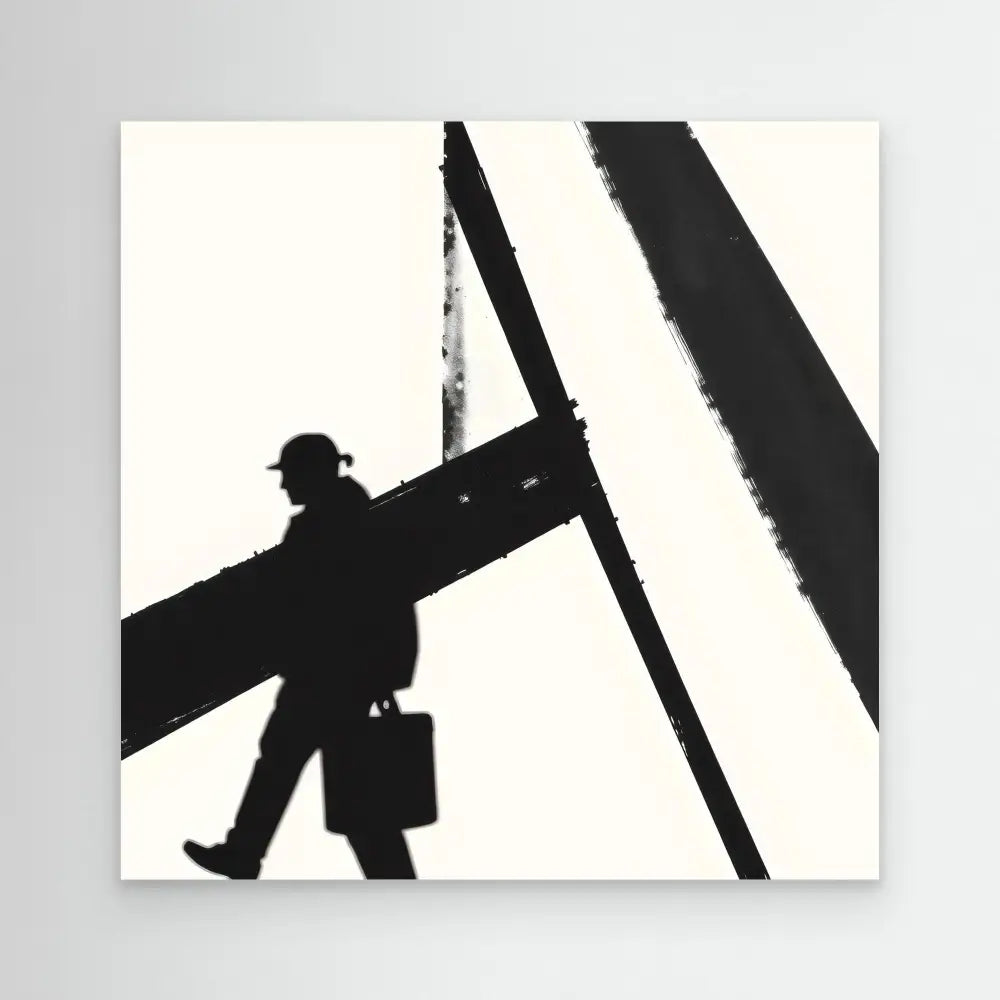 Silhouette of a person carrying a briefcase walking across structural beams.