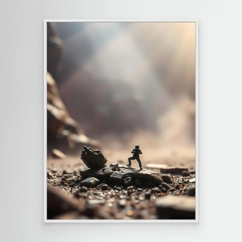 Silhouette of a person climbing over rocks against a moody sky.