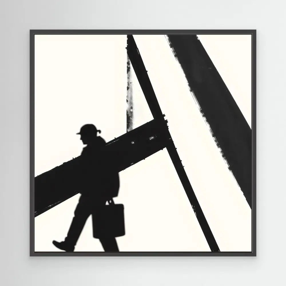 Silhouette of a worker carrying a briefcase while walking on a steel beam.