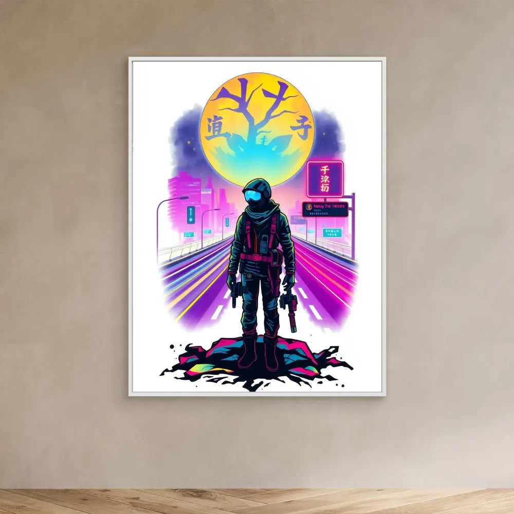 A silhouetted astronaut figure standing in neon-colored cyberpunk artwork.