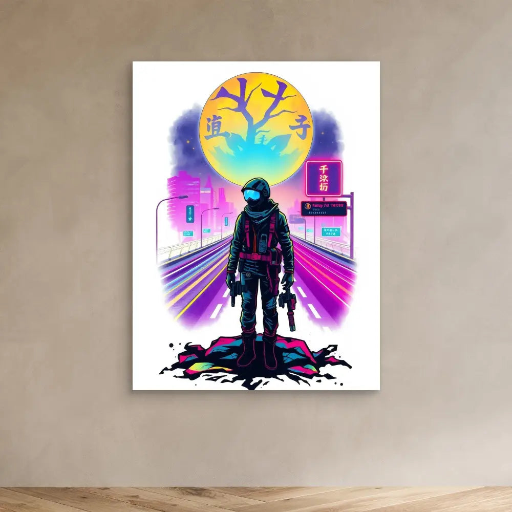 A silhouetted astronaut holding a helmet stands in a neon-colored cyberpunk setting.