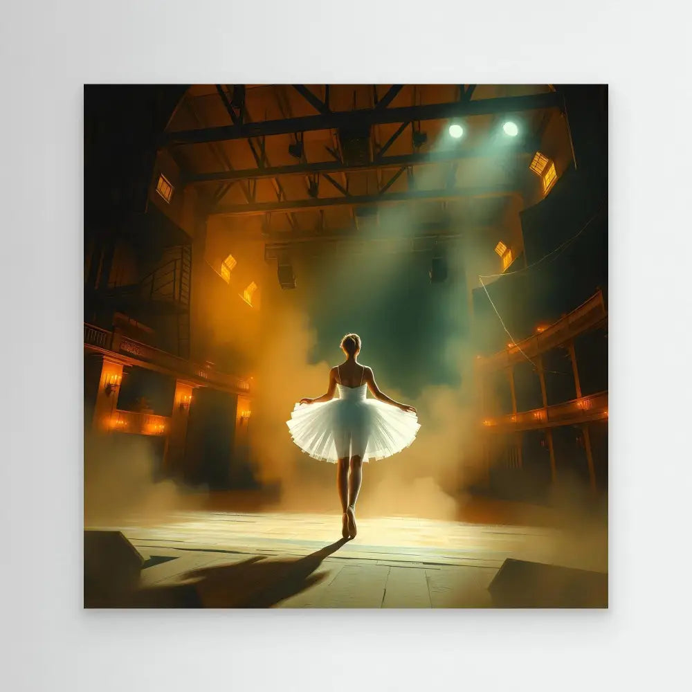 Silhouetted ballet dancer in a white tutu stands en pointe under dramatic lighting.