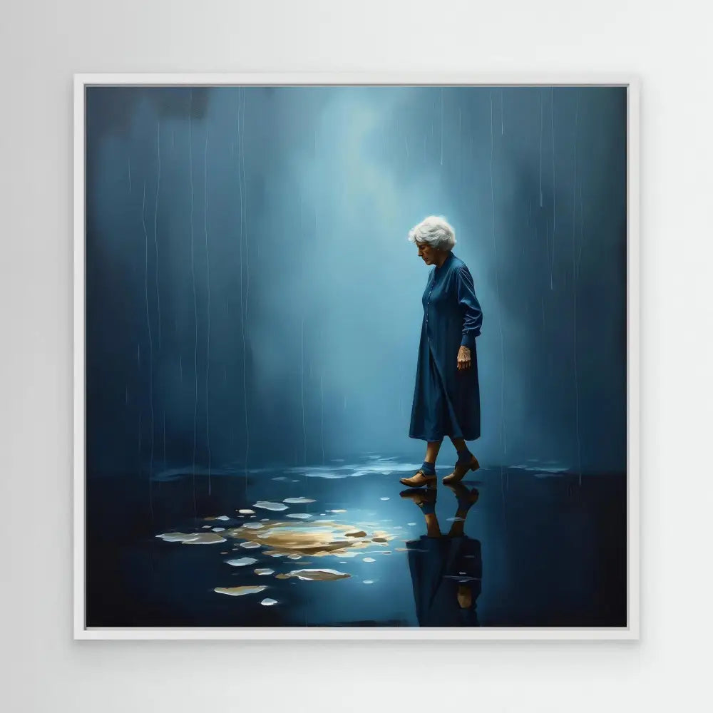 A silhouetted figure in a blue coat stands in reflective water.