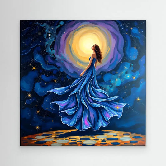 A silhouetted figure in a flowing blue dress dances beneath a glowing moon.