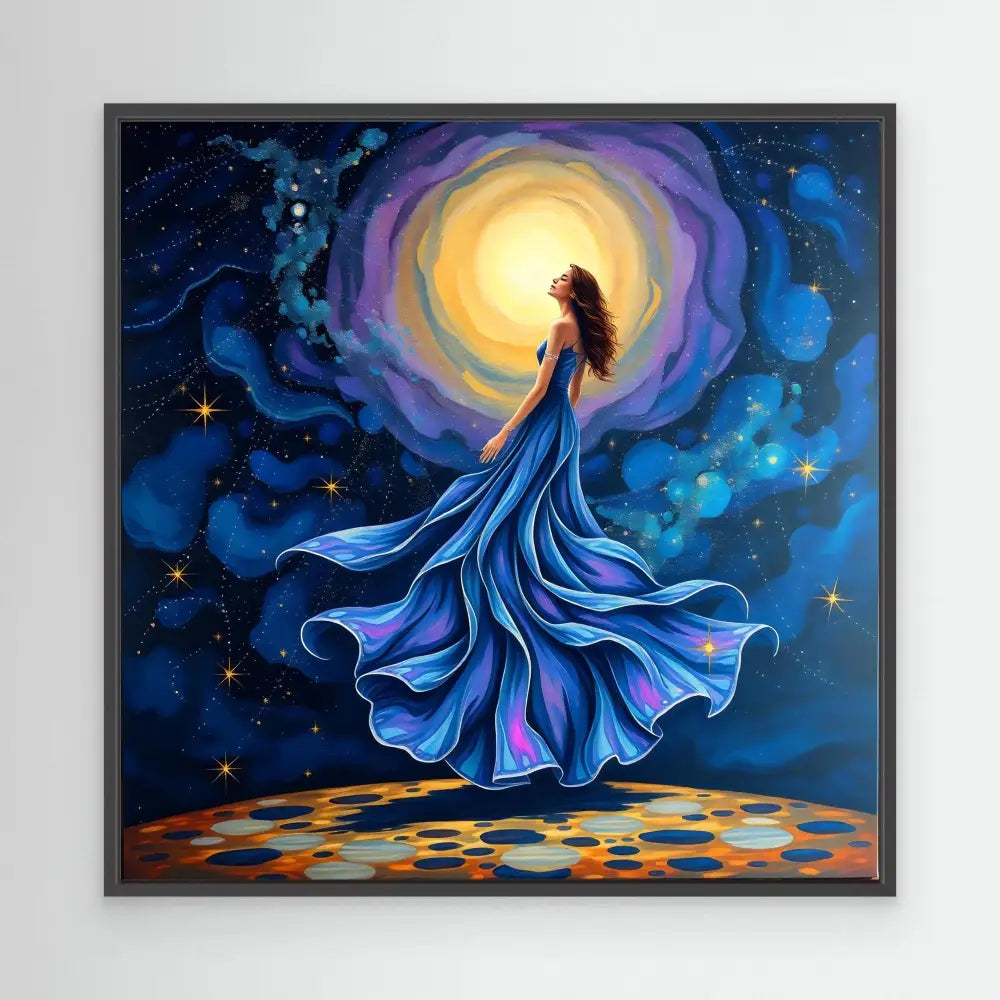 A silhouetted figure in a flowing blue dress dances beneath a glowing moon.