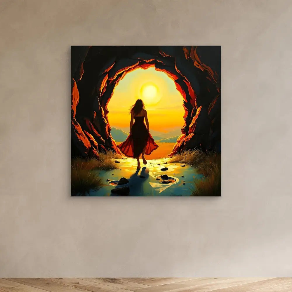 A silhouetted figure in a dress standing at the mouth of a cave during sunset.