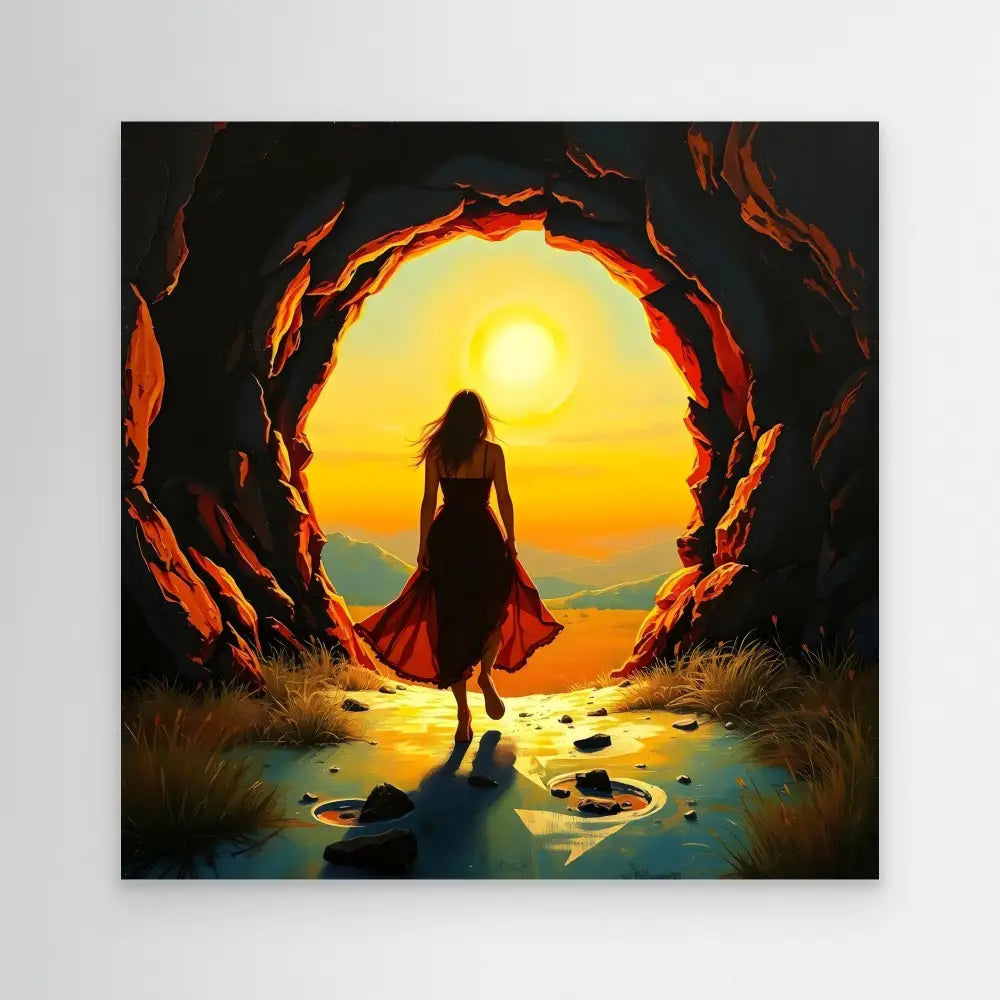 A silhouetted figure in a flowing dress stands at the mouth of a cave.