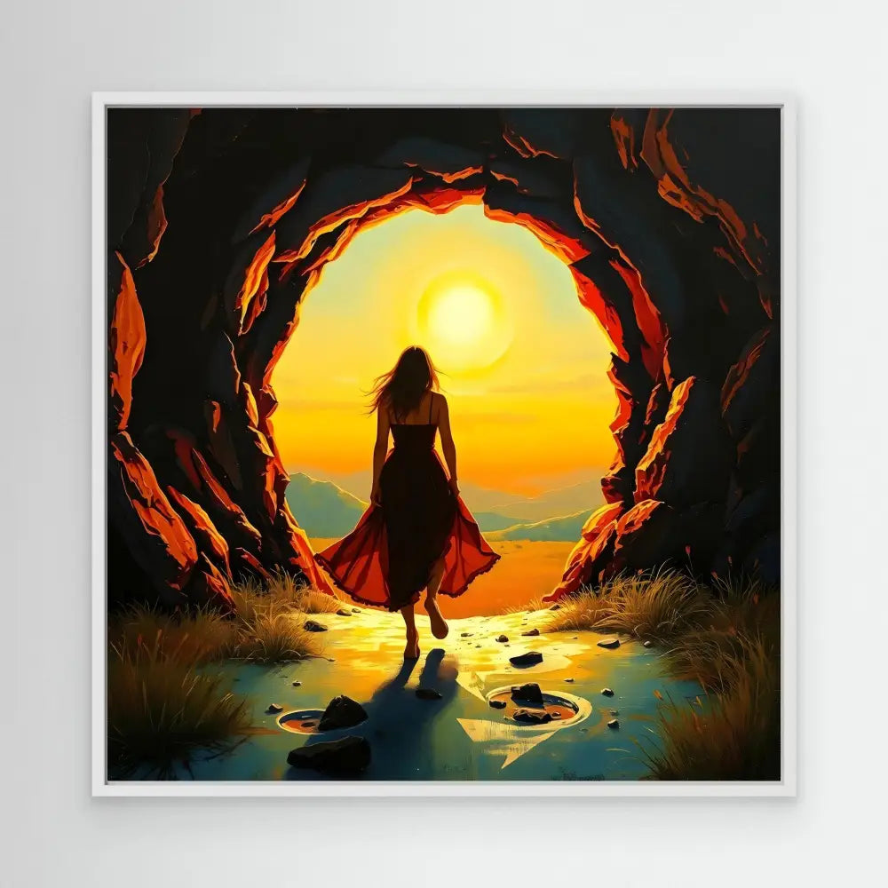 A silhouetted figure in a flowing dress stands at the mouth of a cave during sunset.