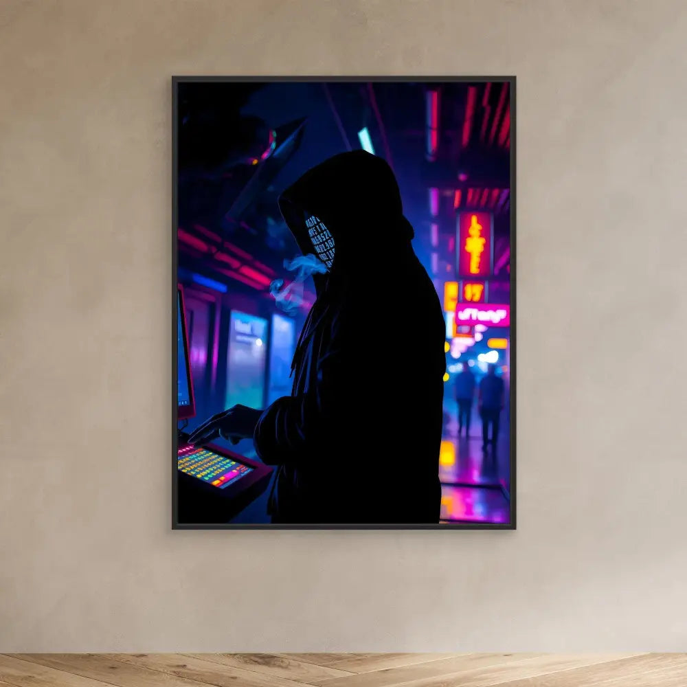 Silhouetted figure using an electronic device against neon lighting.