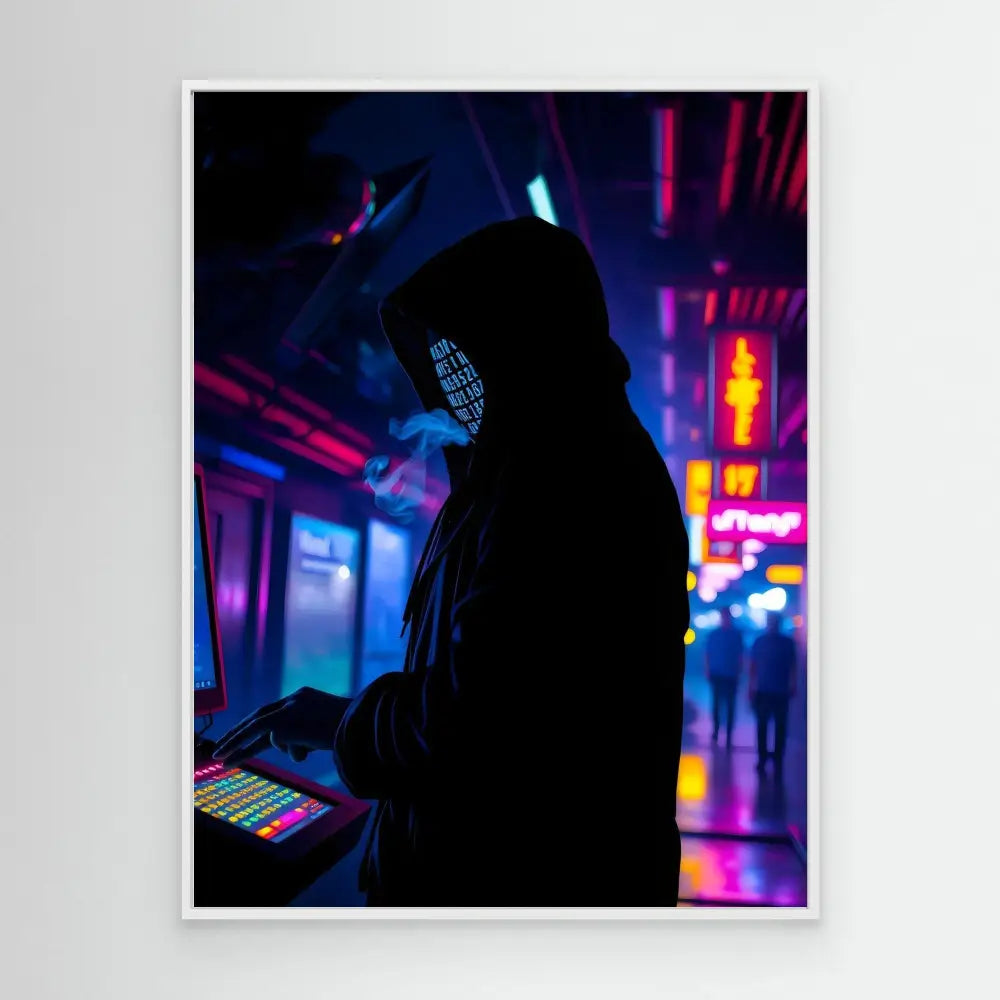 A silhouetted figure wearing a glowing grid-pattern mask and hoodie.